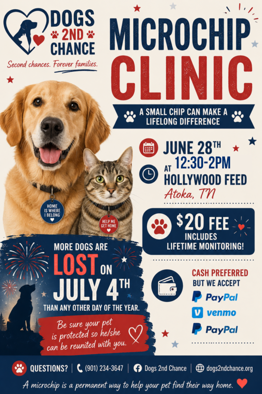 June 28 12:30-2pm Microchip Clinic, Hollywood Feed, Atoka TN