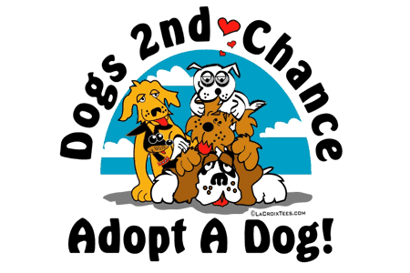 Dogs 2nd Chance logo with happy dogs and adopt message.
