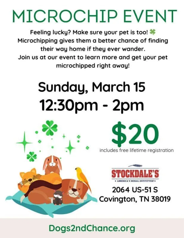 Sunday March 15 2026, 12:30pm-2pm, Microchip Event, Hollywood Feed, 2064 uS-51 S, Covington, TN 38019